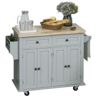 HOMCOM Rolling Kitchen Island Storage Trolley with Rubber Wood Top & Drawers for Dining Room, Grey(m-11)