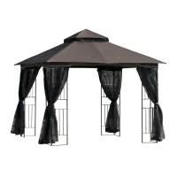 Outsunny 3 x 3 Meter Metal Gazebo Garden Outdoor 2-tier Roof Marquee Party Tent Canopy Pavillion Patio Shelter with Netting and Shelf Coffee(m-1)