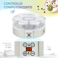 HOMCOM Yogurtiera 20W da 1.5L con 7 Vasetti e Display a Pulsanti, in Acciaio Inox e Plastica, 24x24x13 cm, Bianca(m-6)