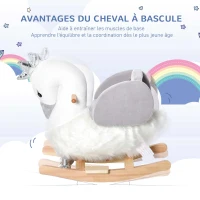 HOMCOM Cheval à Bascule modèle Cygne Fonction Musicale Selle Grand Confort Peluche Courte Douce Bois peuplier Blanc et Gris dim. 60L x 33l x 59H cm(m-5)