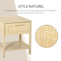 HOMCOM Table de chevet table de nuit avec tiroir et étagère, cannage en rotin, dim. 40L x 40l x 48H cm aspect bois naturel clair(m-5)