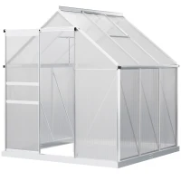 Outsunny Serre de Jardin en Polycarbonate 3,6 m² dim. 1,9L x 1,9l x 2H m avec Fondation, Lucarne réglable, Porte coulissante - Argent et Transparent(m-10)