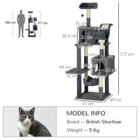 PawHut 177cm Cat Tree with Scratching Post, Hammock, Cat House - Dark Grey(m-3)