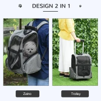 PawHut Trasportino Zaino  2 in 1 per Cani e Gatti con Tasche Laterali, Maniglia Telescopica e Ruote, 42x25x55cm, Grigio(m-4)