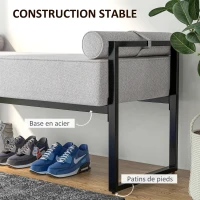 HOMCOM Banc bout de lit banquette assise rembourrée 2 oreillers cylindriques structure en acier 121,5 x 50,5 x 59 cm gris noir(m-7)