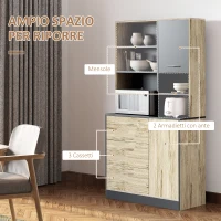 HOMCOM Mobile Cucina Credenza Moderna Salvaspazio con 2 armadietti 3 cassetti 3 ripiani Legno 90 x 39 x 169cm colore Grigio Rovere Chiaro(m-4)