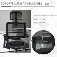 Vinsetto Silla de Oficina Ergonómica Silla de Malla con Altura Ajustable Reposacabezas Soporte Lumbar Regulables y Respaldo Transpirable 63,5x64,5x113-122 cm Negro(m-7)