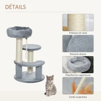 PawHut Arbre à chats 2 griffoirs grattoirs sisal naturel 3 plateformes corde à grimper dim. Ø 40 x 65H cm peluche haute densité 500 g/m² gris(m-5)