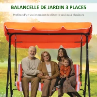 Outsunny Balancelle de Jardin 3 Places Toit Inclinaison réglable Coussins Assise et Dossier 1,72L x 1,1l x 1,52H m Acier Noir Polyester Orange(m-4)