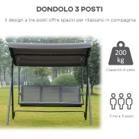 Outsunny Dondolo da Giardino a 3 Posti con Baldacchino, Dondolo da Esterno in Acciaio e Tessuto Poliestere, 175 x 118 x 159cm Grigio(m-6)