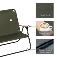 Outsunny Chaise double banc 2 places pliant pour Camping avec accoudoirs en bois et porte-gobelets, dim. 114L x 67l x 80H cm(m-7)