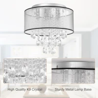 HOMCOM Modern Crystal Chandelier Flush Mount Ceiling Light with Drum Shade for Living Room Bedroom Dining Room Silver, 40cm(m-5)