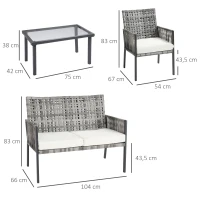 Outsunny Ensemble salon de jardin contemporain 4 pièces 4 personnes avec canapé 2 places, fauteuils et table basse plateau verre trempé métal(m-3)
