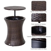 Outsunny Seau à glace table basse 2 en 1 Ø 48 x 83H cm métal époxy résine tressée imitation rotin marron(m-7)