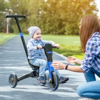 HOMCOM Tricycle bébé évolutif 4 en 1 pour Enfants vélo draisienne avec poignée de poussée réglable, Repose-Pieds Amovible pour 18-48 Mois, Bleu(m-2)