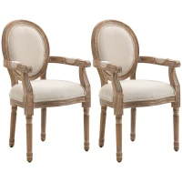 HOMCOM Lot de 2 chaises de Salle à Manger Chaise de Salon médaillon Style Louis XVI Bois Massif patiné sculpté Tissu Lin Crème(m-10)