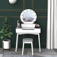 HOMCOM Dressing Table Set with LED with Table Stool Table Stool Set Makeup Dresser Desk with 4 Drawers for Bedroom White(m-9)