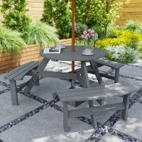 Outsunny 6 Seater Wooden Picnic Table and Garden Benches Set, Round Garden Dining Set with 3 Benches and Umbrella Hole Outdoor Garden Park, Grey(m-2)