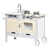 HOMCOM Cuisine desserte pour Enfant 2 en 1 Multi-équipement avec 5 Accessoires Acier INOX. MDF Aspect Bois Clair Gris(m-10)