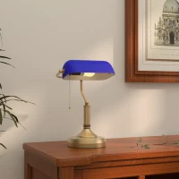 HOMCOM Banker's Desk Lamp with Antique Bronze Tone Base, Table Lamp with Blue Glass Shade for Home Office, Blue(m-2)
