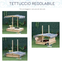 Outsunny Sabbiera per Bambini in Legno con Tettuccio Parasole, Panca e Coperchio, 106x106x115 cm Bianco e Blu(m-5)