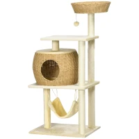 PawHut Arbre à chats sisal naturel grande niche plateforme jeu boule hamac peluche résine aspect rotin 60 x 49 x 130 cm beige(m-1)