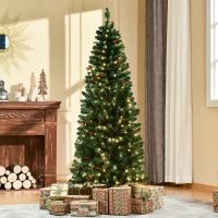HOMCOM 6FT Prelit Artificial Pencil Christmas Tree with Warm White LED Light, Red Berry, Holiday Home Xmas Decoration, Green(m-2)
