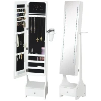 HOMCOM Jewellery Cabinet, Full Length Mirror with Storage, Free Standing Mirror with LED Lights, Hooks, Drawer and Hairdryer Holder for Bedroom, White(m-1)