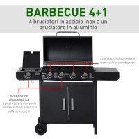 Outsunny Barbecue a Gas a 5 Fornelli con Ripiani Laterali e Armadietto, in Acciaio e PP, 125x51x100 cm, Nero(m-4)