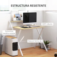 HOMCOM Mesa de Estudio Plegable con Estante Superior Estilo Moderno para Sala Oficina Dormitorio 81,5x70x84 cm Natural y Blanco(m-4)