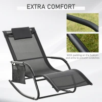 Outsunny 2PCs Outdoor Garden Rocking Chair, Patio Sun Lounger Rocker Chair with Breathable Mesh Fabric, Removable Headrest Pillow, Armrest, Side Storage Bag, Black(m-7)