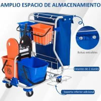 HOMCOM Carro de Limpieza con Bolsa de Basura Carro de Servicio con Doble Cubo de 18 Litros Escurridor de Prensa 2 Cubetas Auxiliares 93x80x97 cm Naranja y Azul(m-4)