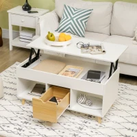 HOMCOM Table basse rectangulaire avec plateau relevable 1 tiroir, 2 niches et coffre - en bois aspect bois clair et blanc(m-7)