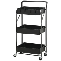 HOMCOM 3 Tier Storage Trolley Cart, Foldable Rolling Utility Cart with 3 Mesh Baskets, 4 Removable Hooks for Living Room, Laundry and Kitchen, Black(m-11)