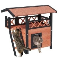 PawHut Cat House Outdoor w/ Balcony Stairs Roof, 77 x 50 x 73 cm, Brown(m-1)