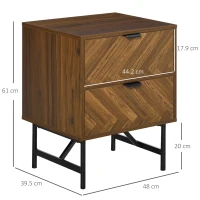 HOMCOM Bedside Table with Two Drawers, Side Cabinet Storage Unit with Metal Handles, Organisation Furniture for Living Room, Bedroom, Walnut Brown(m-3)