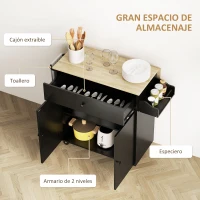 HOMCOM Isla de Cocina con Ala Abatible 2 Puertas Cajón Especiero Toallero y Estante Ajustable 106x42x87 cm Negro y Roble(m-5)