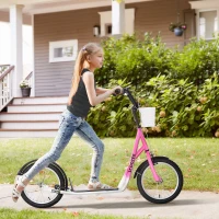 HOMCOM Kids Scooter, Kick Stunt Scooter with Adjustable Handlebar, Dual Brakes, Basket, Cupholder, Mudguard, 16" Inflatable Rubber Wheels, for 5-12 years, Pink(m-2)