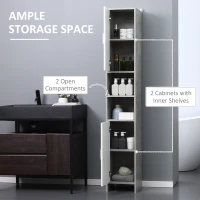 kleankin Free-standing Tall Bathroom Storage Cabinet w/ 2 Cupboards 2 Open Compartments, Slim Bathroom Organizer Adjustable Shelves Elevated Base for Living Room, Grey(m-4)