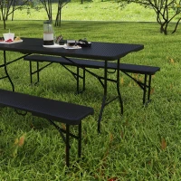 Outsunny Folding Picnic Table and Bench Set, Rattan Effect Portable Camping Table and Chairs with Carrying Handles for Indoor Outdoor, Dining, Camping, Picnic, BBQ, Party, Black(m-8)
