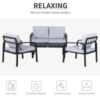 Outsunny 4pcs Garden Sofa Set 2 Single Armchair, 1 Bench & 1 Coffee Table Set Aluminum Frame Patio Furniture with Cushions, Black(m-5)
