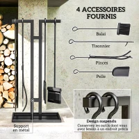 Outsunny Ensemble serviteur de cheminée 5 pièces, outils de cheminée, en métal, balai, pelle, pince, tisonnier et support, noir(m-4)
