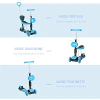 HOMCOM 5 en 1 Trottinette pour Enfants Trottinette 3 Roues évolutive Hauteur Guidon réglable charge max. 60 Kg Canne télescopique Selle Dossier Amovible Bleu(m-5)