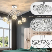 HOMCOM Modern Crystal Ball Chandelier Ceiling Light Pendant Light with 5 Lampshades 5 G9 Bulbs Required Silver(m-5)