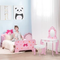 ZONEKIZ 3PCs Kids Bedroom Furniture Set with Bed, Dressing Table and Stool, Princess Themed, for 3-6 Years Old, Pink(m-10)