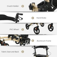 HOMCOM Folding Rollator with Cane Holder, Adjustable Handle Height and Aluminum Frame, 4 Wheeled Mobility Walker with Seat and Bag, Gold(m-6)