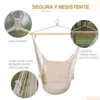 Outsunny Silla Colgante Silla Hamaca Columpio con 2 Cojines Barra de Madera Carga 120 kg para Interior y Exterior Crema(m-6)