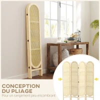 HOMCOM Paravent interieur en bois 4 panneaux 170 x 160 cm pliable et portable, motif tissé à la main, bois naturel(m-4)