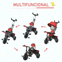 HOMCOM Triciclo Evolutivo para Bebés 6 en 1 Triciclo para Niños de 1-5 Años Bicicleta para Niños con Toldo Plegable Mango Telescópico Desmontable Cinturón de Seguridad y Cesto 95x50x106 cm Rojo(m-4)