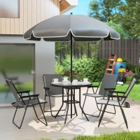 Outsunny 4 Seater Garden Furniture Set, 6 Pieces Garden Table and Chairs with Parasol, Outdoor Garden Dining Set with Folding Chairs and Round Glass Top Table for Patio, Grey(m-9)